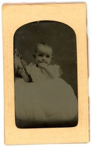 Circa 1800&#39;S Antique Cartouche Tintype Adorable Baby White Dress Sucking Thumb - £14.49 GBP