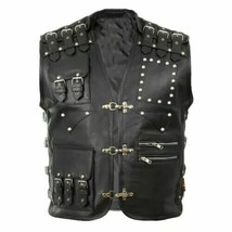 Men&#39;s Cowhide Buckled Rocker Biker Motorcycle Vest Waistcoat Size 2XL - €128,48 EUR