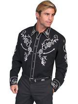 Men&#39;s Western Shirt Long Sleeve Rockabilly Country Cowboy Black White Rose - £73.16 GBP