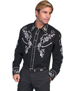 Men&#39;s Western Shirt Long Sleeve Rockabilly Country Cowboy Black White Rose - £72.45 GBP