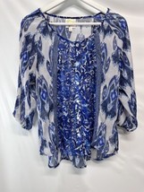 Fig &amp; Flower Anthropologie Blue Chiffon &amp; Lace Popover Blouse Tunic 3/4 Sleeve S - £17.18 GBP