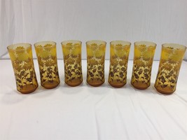 (7) Vintage Mid Century Modern Drinking Glasses MCM Amber Sunflower Design - £39.30 GBP