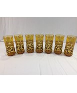 (7) Vintage Mid Century Modern Drinking Glasses MCM Amber Sunflower Design - £39.95 GBP