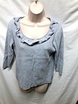 August Silk  Womens Sz L Ribbed Sweater Ruffled Around Neck Shirt Top Gray - £7.05 GBP