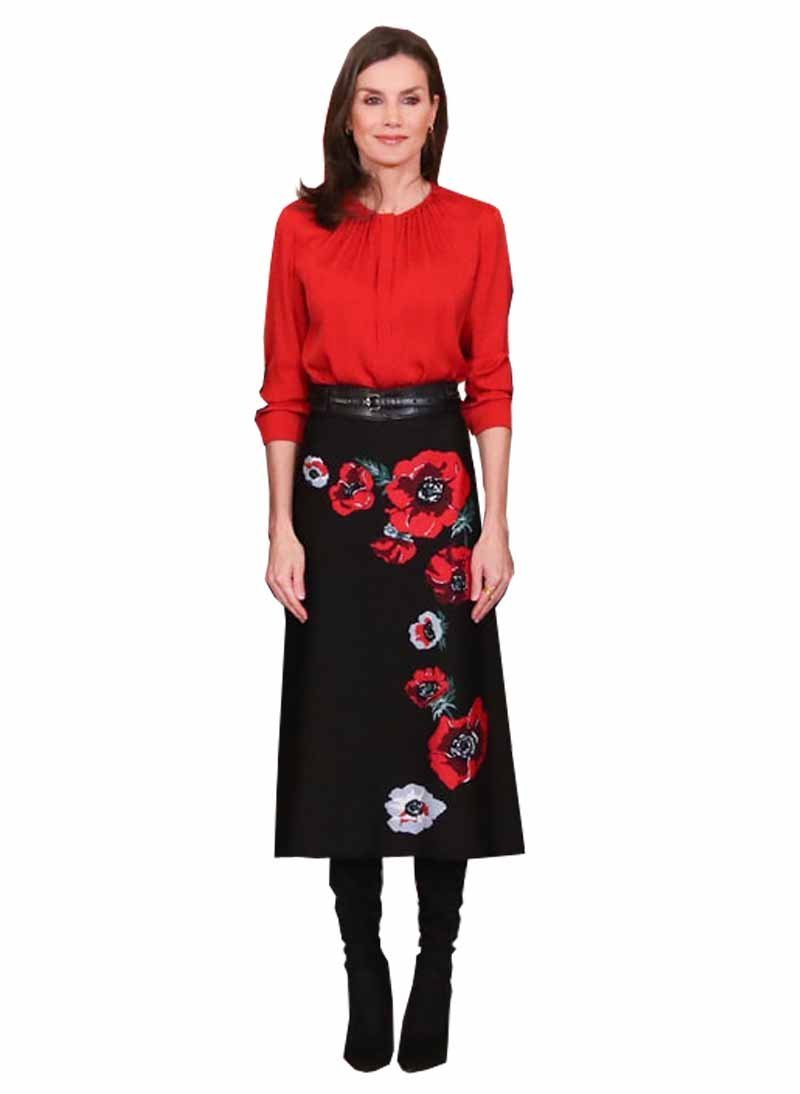 Women's Queen Letizia Style Pintuck Silk Blouse & Black Poppy-print Skirt Co-ord Item image 2