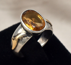 Vintage Ring Gelb Citrin Schliff 18 Karat Gold 925 Silber Unisex Herren... - $142.54