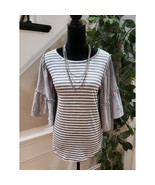 GiGio Womens Gray White Striped Polyester Flare Ruffle Sleeve Top Blouse... - $472.17 MXN