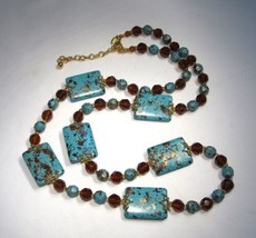 Vintage Joan Rivers Faux Turquoise &amp; Brown Faceted Glass Beaded Necklace C3696 - £31.16 GBP