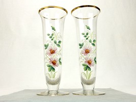 Set of 2 Clear Glass Bud Vases, Hand Painted Floral, 8&quot;, Gold Trimmed, V... - £38.50 GBP