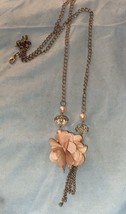 Vintage Necklace 40” Gold Chain Light Orange Fabric Flower Pendant - $6.41
