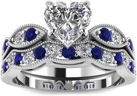 4Ct Heart Cut Blue Sapphire Bridal Set Engagement Ring 14k White Gold Finish - £111.90 GBP