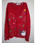 UGLY Christmas Sweater Cardigan EMBELLISHED Zip Front Long Sleeve Red Large - $29.44