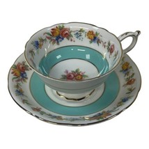 Floral Paragon Bone China Teacup Saucer Turquoise Teal Blue Chintz Band Vtg 1940 - £110.27 GBP