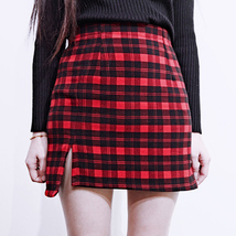 Red and Black Plaid Skirt Slit Plaid Mini Skirt High Waisted Warm Plaid Skirt image 3