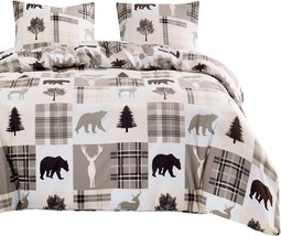 Wake In Cloud - Rustic Patchwork Comforter Set, Lodge Woodland, 3pcs, Queen Size - £48.60 GBP
