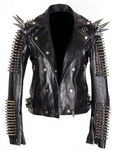 Black Women Genuine Classical Punk Style Leather Jacket Large Spike Silver Studs - £234.93 GBP
