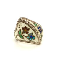 Vintage Sterling Signed Siam Handmade Inlay Enamel Floral Design Dome Ri... - £31.58 GBP