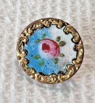 Victorian Pink Rose on Blue White Background Floral Enamel Button w Gold... - $24.26