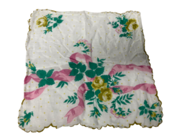 Vintage Green Flowers Polka Dots Pink Ribbon Handkerchief Hankie White Vintage - £7.56 GBP