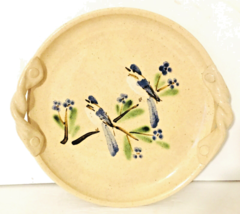 Studio Pottery Plate Tray w/ Side Handles Tan w/ Handpainted Bluebirds 7&quot; diam - £15.78 GBP