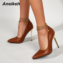 Aneikeh 2021 new spring fashion pu women s pumps 2021 sexy thin heels pointed toe chain thumb200