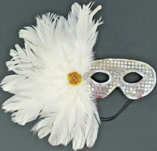 Elegant Silver Sequined Mardi Gras Mask Embellished With White Feathers &amp; Gold - £12.24 GBP