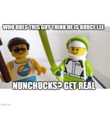 Lego Bruce Lee with nunchakus versus Biker in Green 100% Lego  UPDATED P... - $14.85