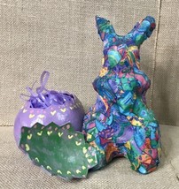Handmade Fabric Decoupage Paper Mache Bunny w Cracked Egg Kitsch New Wave AS IS - £9.34 GBP