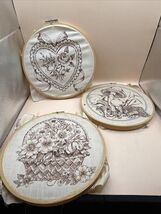 Vintage 1970s Stamped Embroidery Hoop Art Set Heart Mushroom Floral Basket - $19.79