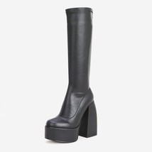 New Sexy Women Boots Chunky High Heels Thick Platform Black Microfiber Leather Z - £100.59 GBP