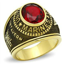MEN&#39;S GOLD TONE STAINLESS STEEL RED CZ USA MARINE MILITARY SOLDIER RING ... - £12.67 GBP