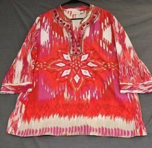 Chicos Women’s Embellished Neckline Tunic Top Red Pink V-Neck Beaded Sz 3 16/18 - £18.04 GBP