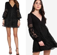 Bardot Womens Black Mariah LongSleeve Swiss Dot Lace Mini Babydoll Dress... - $56.09