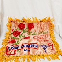 Vintage Mother &amp; Dad Roses Poem Pillow Cover Fringed 16&quot; x 16&quot; Camp Crowder MO - £21.78 GBP