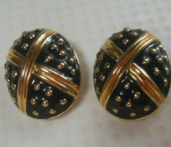 Vintage JOAN RIVERS Black Enamel &amp; Gold-tone Raised Dots &amp; X Clip-on Earrings - £35.72 GBP