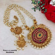 Indian Gold Plated Bollywood Style Pendent Temple Necklace Pearl Jewelry Set - £22.27 GBP