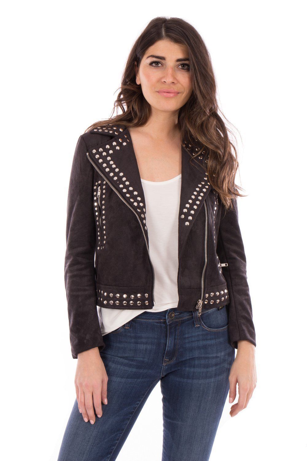 Made To Order Women's Black Genuine Suede Leather Silver Studded Brando Jacket