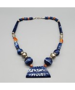Boho Carved Necklace Blue White Swirl Resin Tumbled Carnelian India 20&quot; - $475.79 MXN