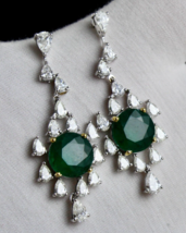 Natural Zambian Emerald Pair White Diamond Cut 18k Gold Dangle Important Earring - £16,399.72 GBP