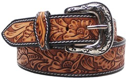 1-1/2&quot; Western Floral Tooled Black Inlay Full-Grain Leather Belt 26RS02 - £53.98 GBP