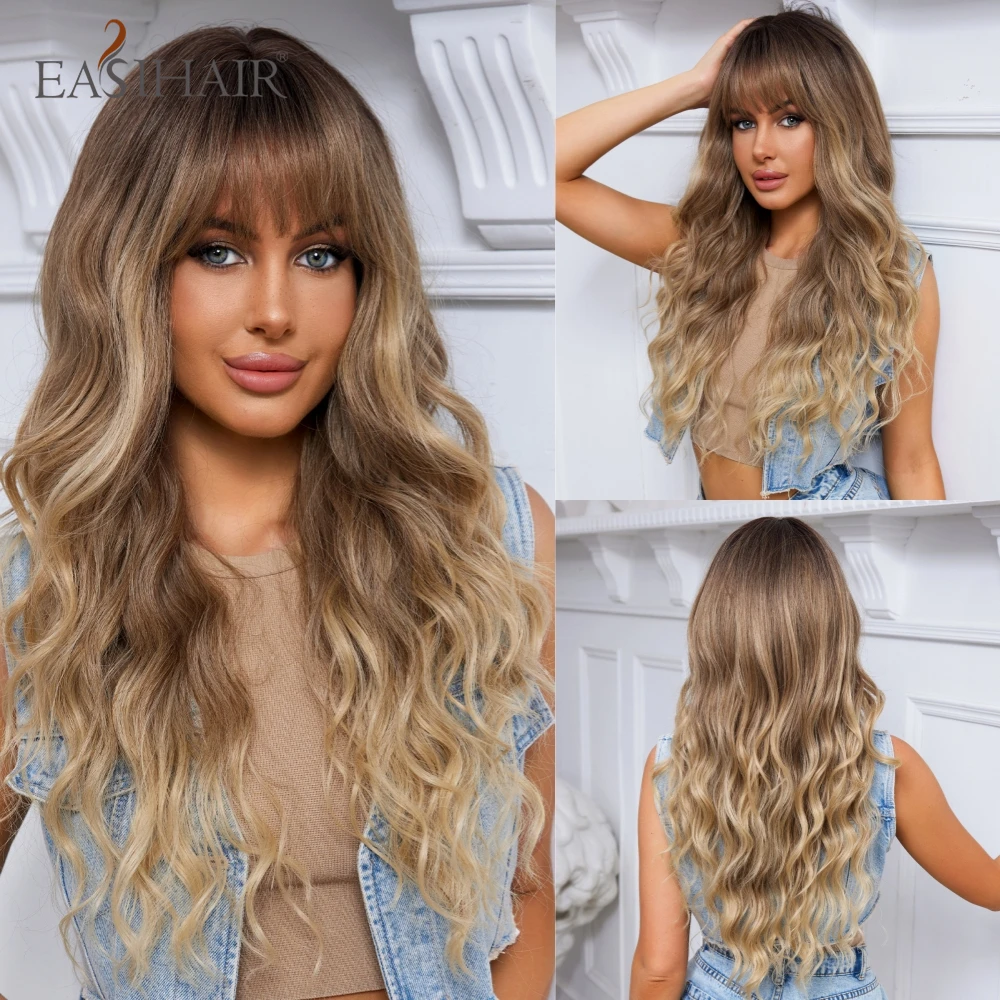 Ombre Light Brown Wigs with Bangs Blonde Highlight Long Curly Wavy Synthet - £23.37 GBP+