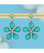 9K Gold Natural Pearl and Turquoise Vintage Style Floral Dangle Earrings - $550.00