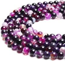 45 Striped Agate Gemstone Beads Fuchsia Purple Jewelry Supplies 8mm Bulk - £13.37 GBP