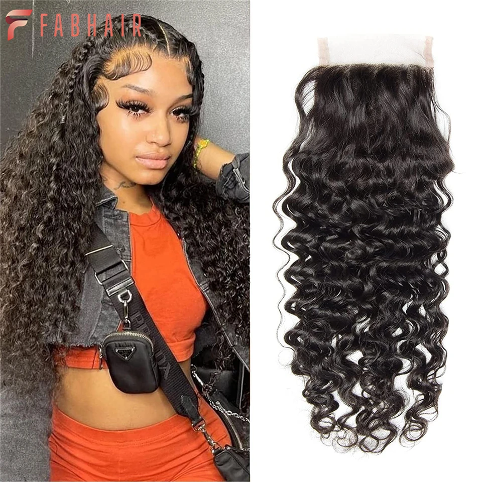 Water Wave Lace Closure 4x4 Free Part Human Hair Curly Weave Swiss Lace - £48.33 GBP+