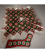 Vtg.Granny Square Christmas Tree Skirt &amp; Stocking Crochet Red Green Rose... - $421.83 MXN