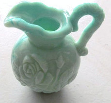 Unique Avon Jade Color Milk Glass &quot;Roses&quot; Designed Collectible Miniature Pitcher - £14.05 GBP