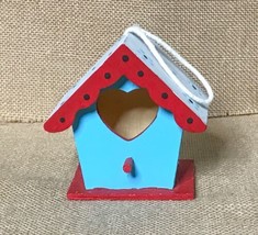 Handmade Miniature Whimsical Birdhouse Decoration Ornament Blue Red Heart - £5.53 GBP