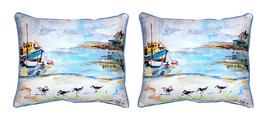 Pair of Betsy Drake Boat and Sandpipers Outdoor Pillows 16 Inch x 20 Inch - £71.21 GBP