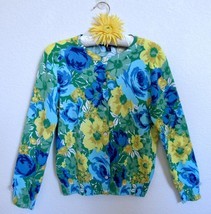 Lands&#39; End Cardigan Sweater XS/P 2-4 100% Supima Cotton Floral Print Blue Yellow - £15.68 GBP