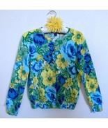 Lands' End Cardigan Sweater XS/P 2-4 100% Supima Cotton Floral Print Blue Yellow - £15.79 GBP